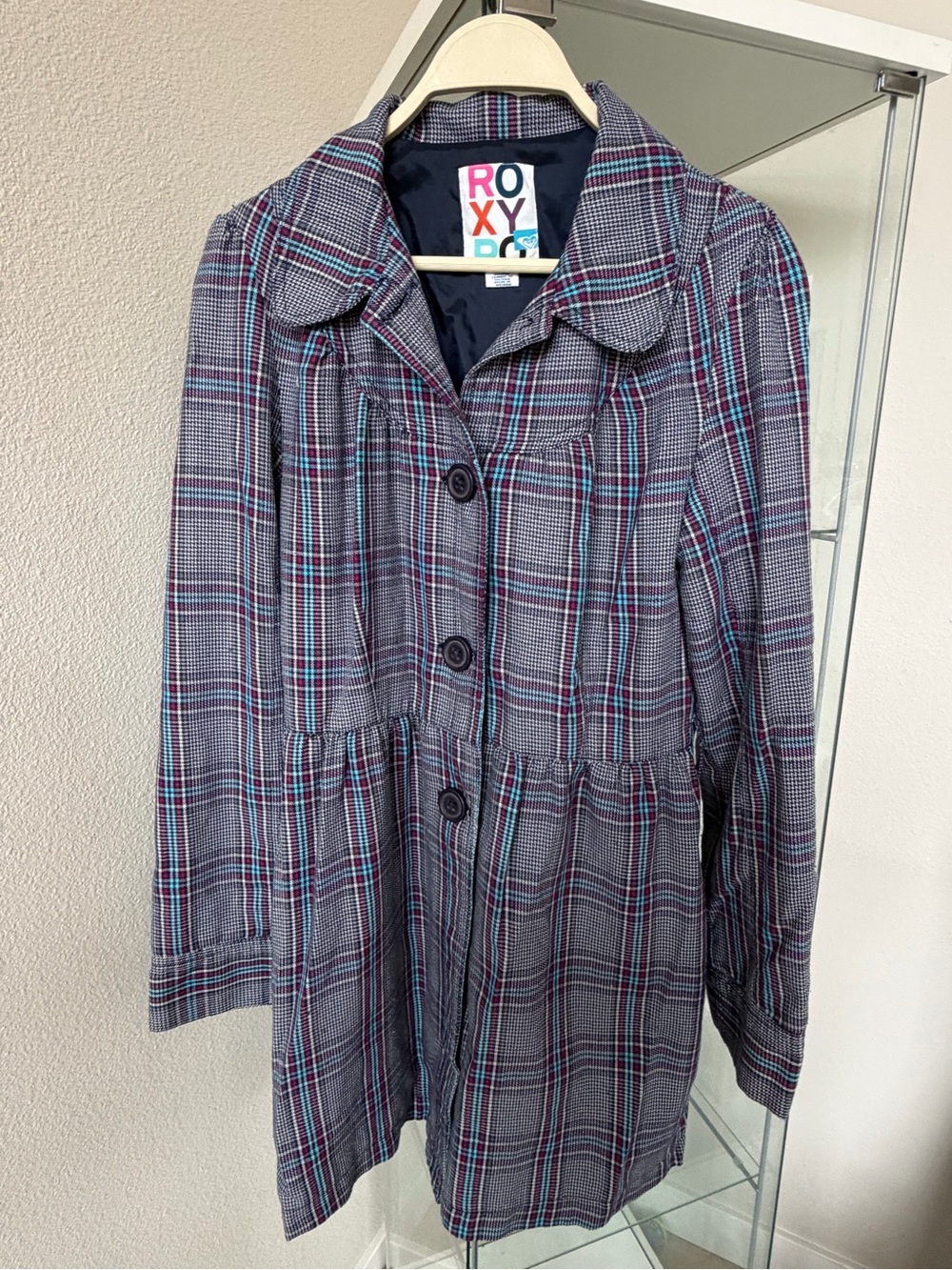 Roxy Plaid Trench Coat in Gray with Purple & Blue Stripes